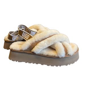 NWT Ugg Platform Disco Cross Slide Chestnut Brown Wool Shearling